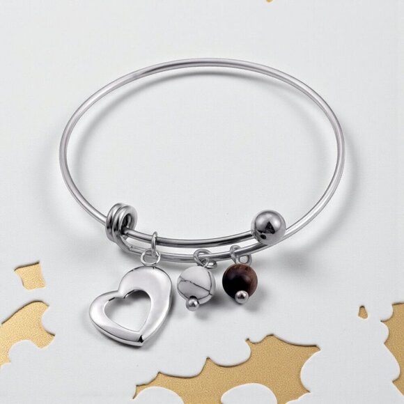 Boho Minimalist Bangle with Heart Tiger's Eye Magnesite Charms 18K Gold Plated - Picture 6 of 13